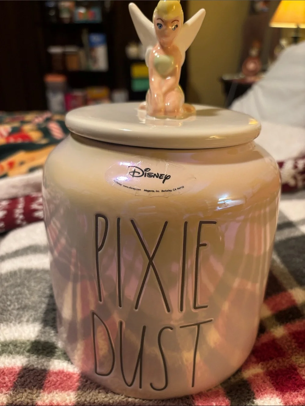 Disney Pearl White Pixie Dust Ceramic Canister with Tinker Bell Lid